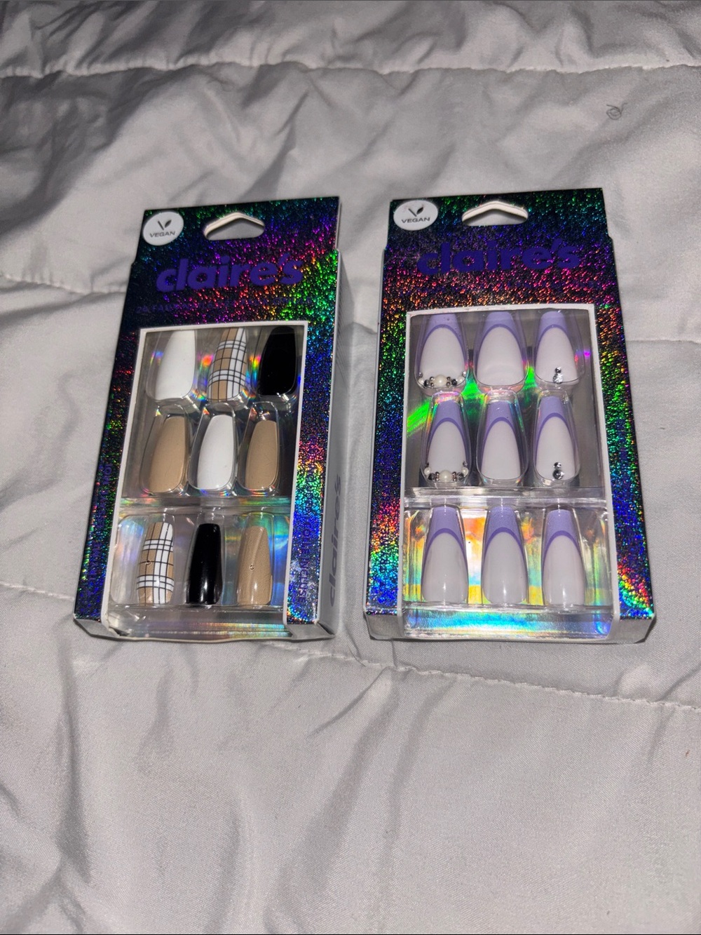 Claire's Beige Plaid & Lavender French Tip Glue-On Nails Duo